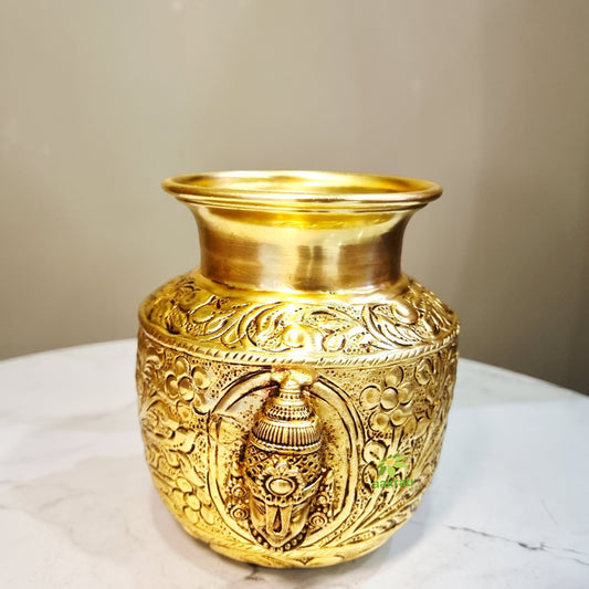 Brass Tirupati Balaji Face Pooja Kalash | Ideal Gift for Diwali & Housewarming | Brass Puja Kalash (Yellow, 5.5 Inches) Aakrati