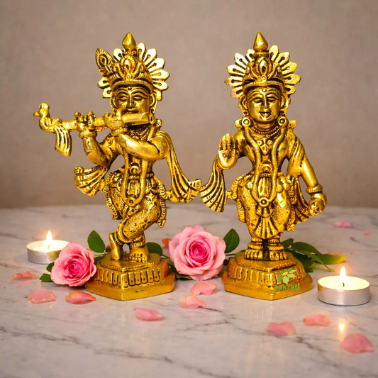 Brass Radha Krishna Idol Statue for Home Temple|Divine Couple Idol for Pooja Room, Temple & Festive Gifts (Yellow, 5 Inches)