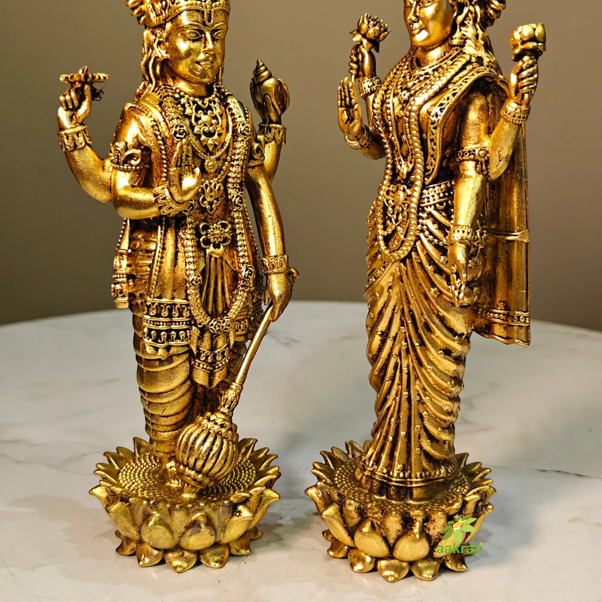 Lightweight Brass Vishnu Lakshmi Standing Idol | Standing Hindu God Idol for Pooja Room |Traditional Brass Vishnu Lakshmi Idol (Yellow, 6 Inches) Aakrati