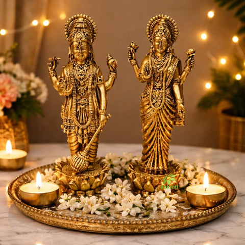 Lightweight Brass Vishnu Lakshmi Standing Idol | Standing Hindu God Idol for Pooja Room |Traditional Brass Vishnu Lakshmi Idol (Yellow, 6 Inches)
