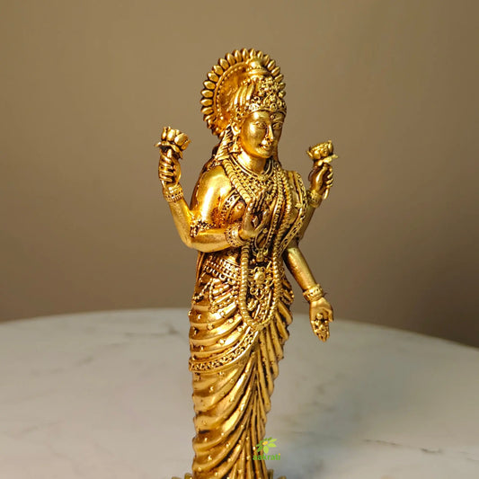 Lightweight Standing Goddess Idol for Mandir & Vastu Décor | Decorative Brass Goddess Lakshmi Standing Statue (Yellow, 6 Inches) Aakrati