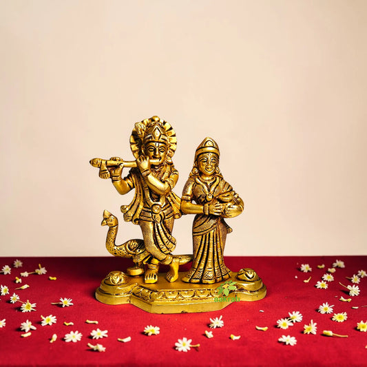 Brass Radha Krishna with Peacock Idol | Hindu God Statue for Home Temple & Pooja Décor| Elegant Brass Radha Krishna (Yellow, 4.2 Inches)