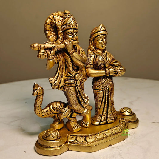 Brass Radha Krishna with Peacock Idol | Hindu God Statue for Home Temple & Pooja Décor| Elegant Brass Radha Krishna (Yellow, 4.2 Inches) Aakrati
