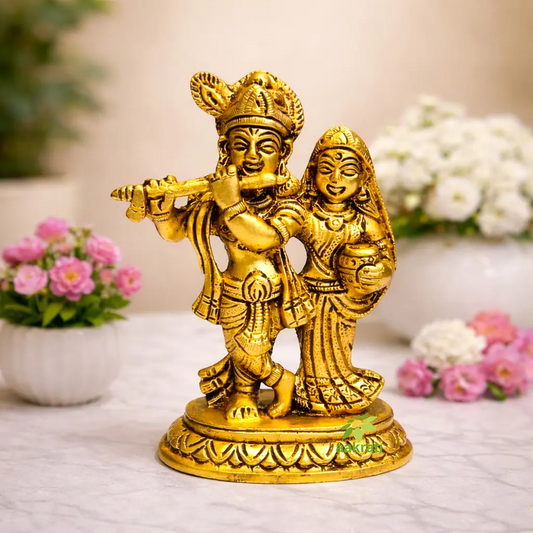 Premium Brass Radha Krishna Murti | Handcrafted Divine Couple Idol for Mandir | Traditional Hindu God Murti for Home Mandir  (Yellow, 4.8 Inches)