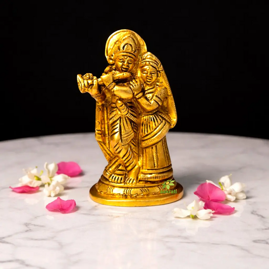 Premium Brass Radha Krishna Murti | Handcrafted Divine Couple Idol for Mandir | Traditional Hindu God Murti for Home Mandir (Yellow, 3.5 Inches)