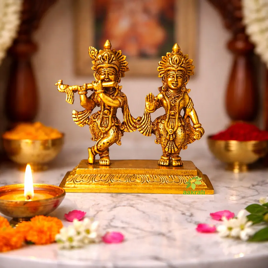 Designer Brass Radha Krishna Murti | Antique Style Temple Idol for Home Décor | Handcrafted Divine Couple Idol for Mandir (Yellow, 5 Inches)