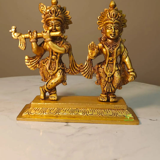 Designer Brass Radha Krishna Murti | Antique Style Temple Idol for Home Décor | Handcrafted Divine Couple Idol for Mandir (Yellow, 5 Inches) Aakrati