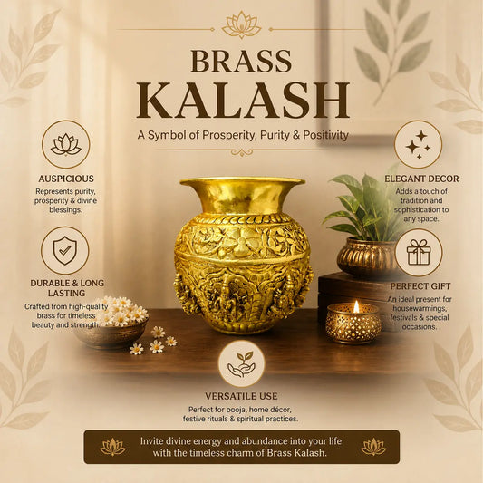 Brass Ashtalakshmi Kalash for Pooja | Engraved 8 Lakshmi Devi Puja Kalash | Brass Puja Items (Yellow, 4.5 Inches)