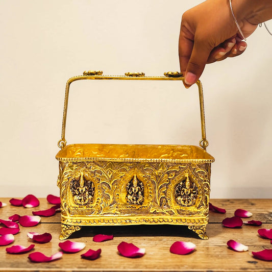 Premium Brass Asht Lakshmi Flower Basket| Asht Lakshmi Flower Basket for Mandir,|Antique Finish Brass Asht Lakshmi Flower Basket| Traditional Pooja Basket for Mandir Decoration| (Yellow, 8 Inches) Aakrati