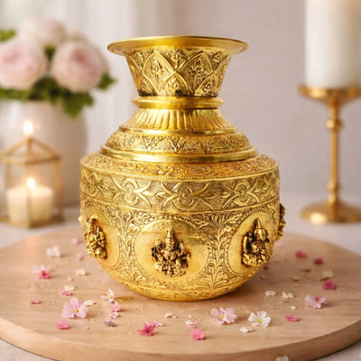 Premium Brass Asht Lakshmi Kalash| Spiritual Brass Pot for Home Temple| Pure Brass Kalash with Asht Lakshmi Engraving for Mandir,| (Yellow, 11 Inches) Aakrati