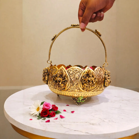 Decorative Brass Basket with Ashta Lakshmi | Traditional Religious Decor Item |Brass Ashtalakshmi Basket for Home Decor| Handcrafted Brass Ashtalakshmi Basket for Flowers (Yellow, 8.5 Inches) Aakrati