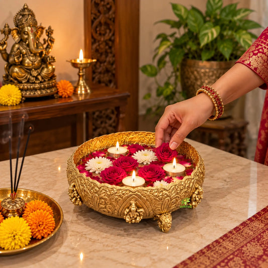 Ashtalakshmi Brass Urli | Premium Traditional Urli Bowl for Pooja, Diwali & Home Decoration | Traditional Lakshmi Decorative Urli (Yellow, 10.5 Inches)