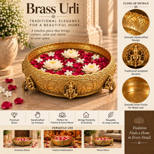 Ashtalakshmi Brass Urli | Premium Traditional Urli Bowl for Pooja, Diwali & Home Decoration | Traditional Lakshmi Decorative Urli (Yellow, 10.5 Inches)