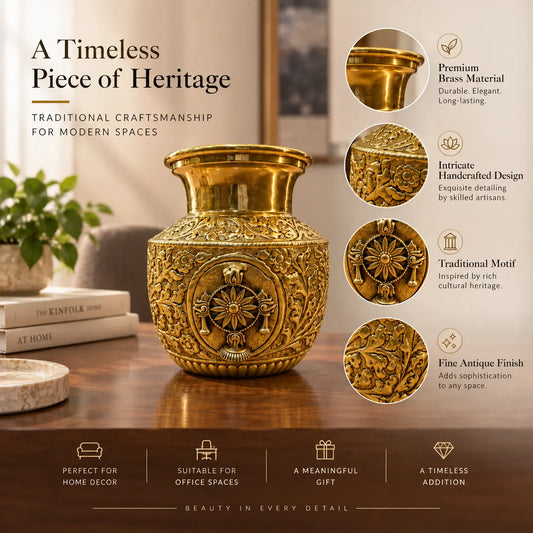 Brass Shankh Chakra Namah Kalash for Pooja | Traditional Hindu Kalash for Home Temple & Decoration | Decorative Religious Pooja Kalash (Yellow, 5 Inches)