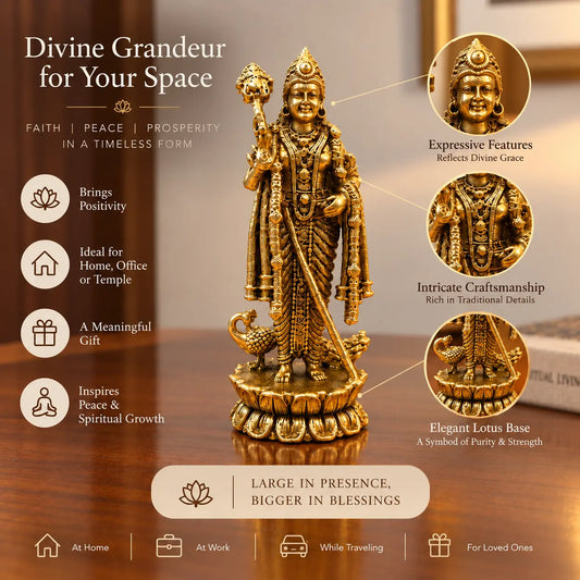 Brass Murugan Statue for Home Temple | Lord Kartikeya Subramanya Murti | Pooja & Traditional Décor (Yellow, 3 Inches)