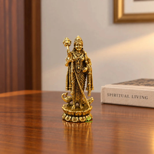 Brass Murugan Statue for Home Temple | Lord Kartikeya Subramanya Murti | Pooja & Traditional Décor (Yellow, 3 Inches)