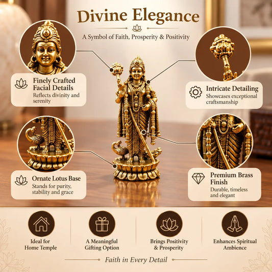 Brass Lord Murugan Idol | Subramanya Kartikeya Murti for Pooja Room, Home Temple & Spiritual Décor (Yellow, 2.5 Inches)