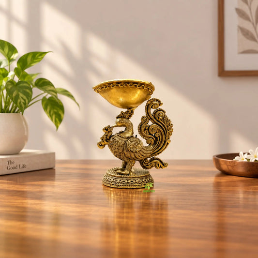 Brass Peacock Diya for Home Temple | Traditional Indian Oil Lamp | Pooja & Diwali Decoration (Yellow, 3 Inches)