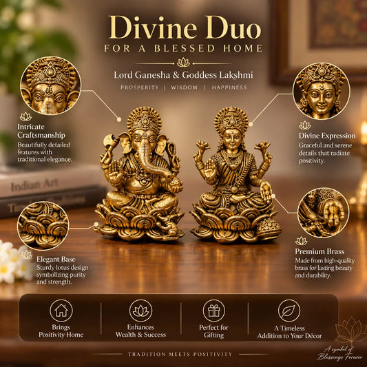 Brass Lakshmi Ganesh Idol | Laxmi Ganesh Murti for Pooja, Home Temple, Diwali & Decoration | Brass Lakshmi Ganesh Murti (Yellow, 2.5 Inches)