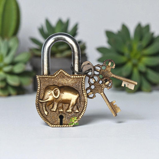 Antique Brass Padlock | Handcrafted Indian Home Decor | Premium Brass Elephant Padlock ( Brown, 4.5 inch)