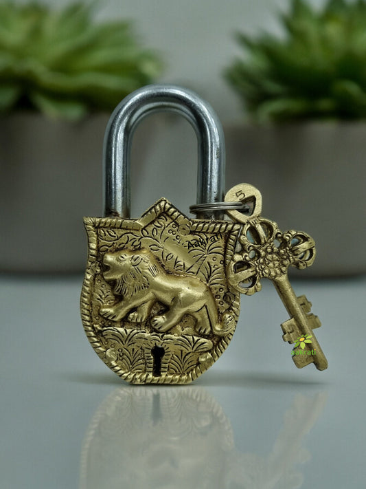 Brass Lion Engraved Padlock | Unique Lock for Your Home or Office | Exquisite Brass Traditional Padlock ( Yellow, 4.5 inch)