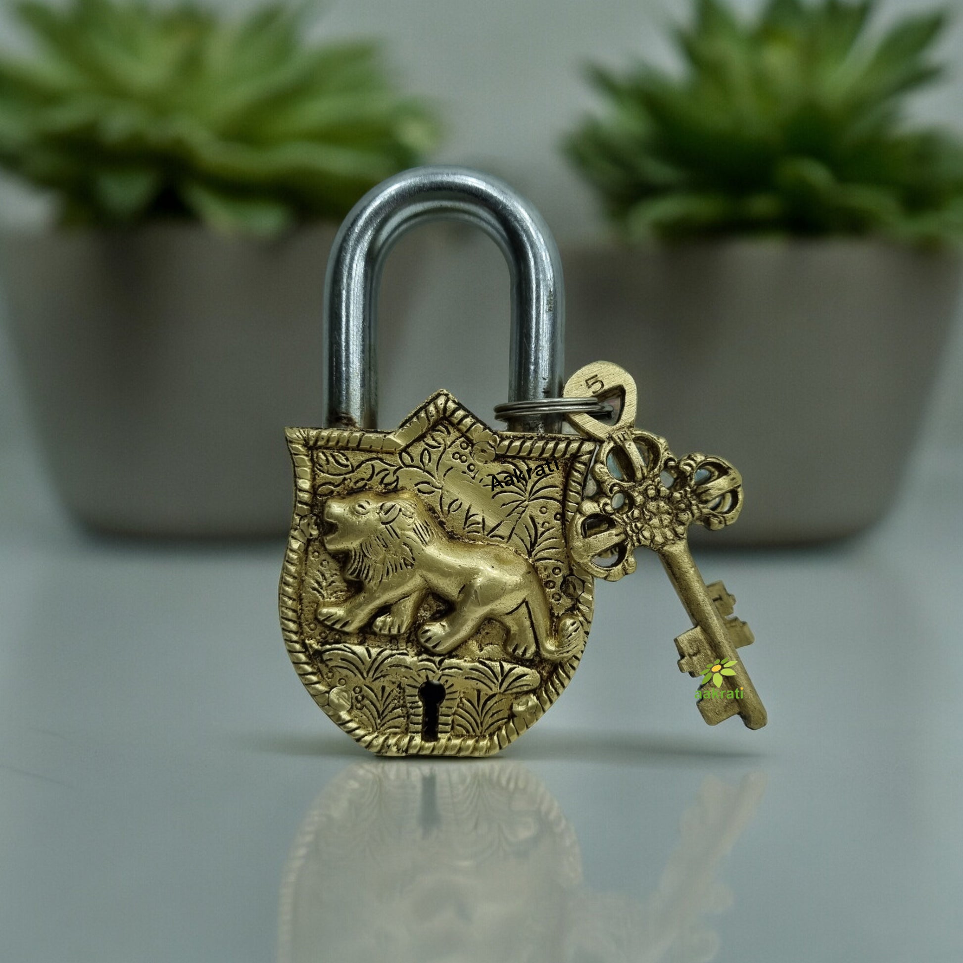 Brass Lion Engraved Padlock | Unique Lock for Your Home or Office | Exquisite Brass Traditional Padlock ( Yellow, 4.5 inch) Aakrati