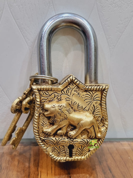 Brass Lion Engraved Padlock | Unique Lock for Your Home or Office | Exquisite Brass Traditional Padlock ( Yellow, 4.5 inch)