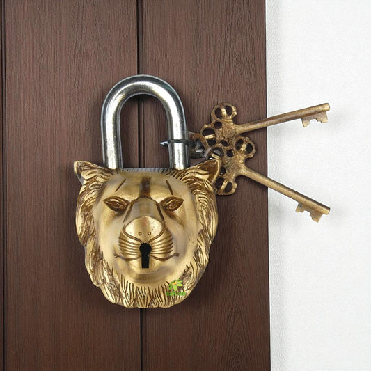 Brass Antique Padlock | Elegant, Secure, and Handcrafted for Your Home | Brass Lion Shape Door Padlock ( Brown, 5.2 inch)