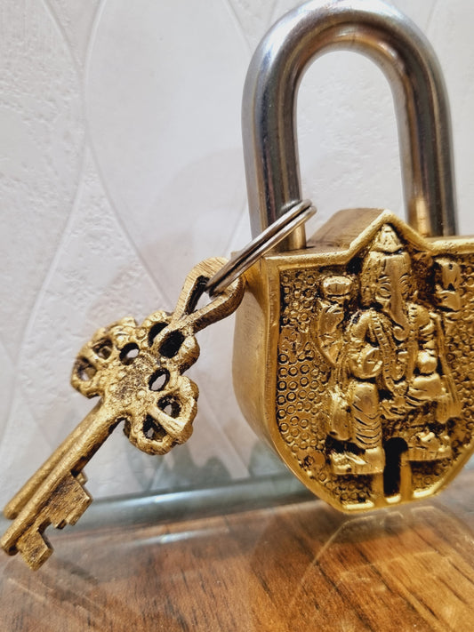 Brass Ganesha Engraved Padlock | Divine Protection for Your Home | Brass Padlock For Home Safety ( Yellow, 3.5 inch)