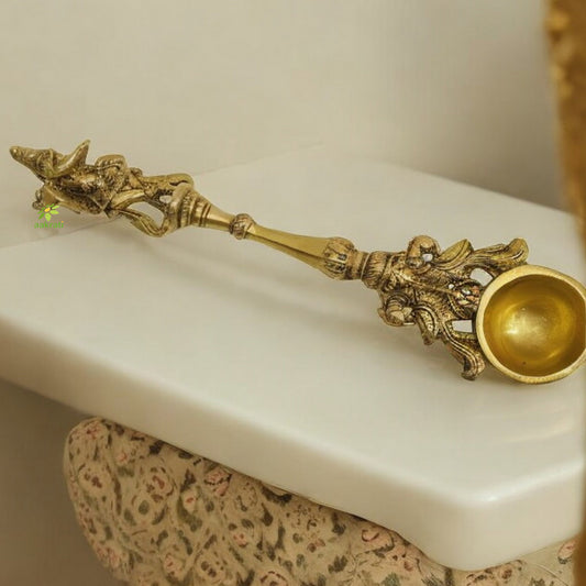 Brass Ritual Spoon | Handcrafted Religious Spoon for Temples and Home Pooja | Handmade Brass Pooja Spoon ( Yellow, 10 inch)