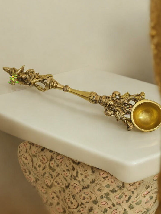 Brass Ritual Spoon | Handcrafted Religious Spoon for Temples and Home Pooja | Handmade Brass Pooja Spoon ( Yellow, 10 inch)