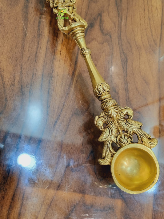 Brass Ritual Spoon | Handcrafted Religious Spoon for Temples and Home Pooja | Handmade Brass Pooja Spoon ( Yellow, 10 inch)