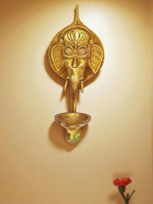 Handcrafted Brass Ganesha Wall Hanging Oil Lamp | Traditional Spiritual Decor for Home Temple | Brass Oil Lamp ( Yellow, 10 inch)