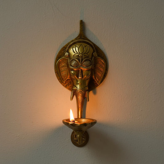 Handcrafted Brass Ganesha Wall Hanging Oil Lamp | Traditional Spiritual Decor for Home Temple | Brass Oil Lamp ( Yellow, 10 inch)