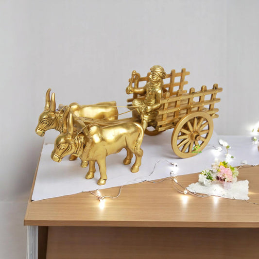 Brass Bull Cart Decorative Showpiece | Perfect for Indian-Themed Home Decor | Handmade Brass Bull Cart Figurine ( Yellow, 4..4 inch)