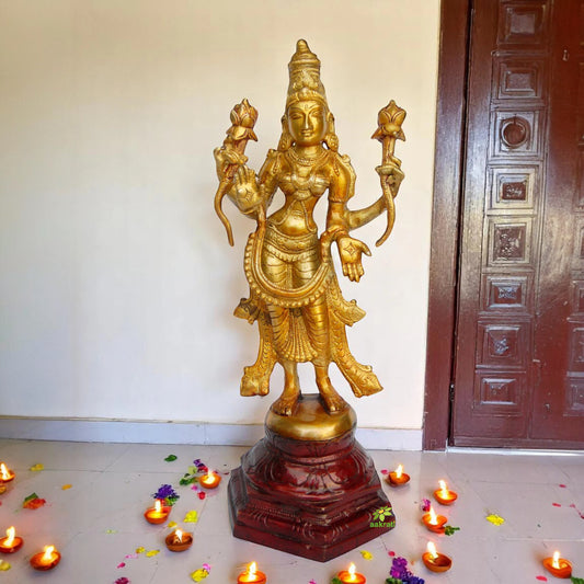 Brass Goddess Lakshmi Statue | Elegant Home Temple Decor for Wealth and Blessings | Antique Finish Brass Lakshmi Idol ( Yellow, 12 inch)