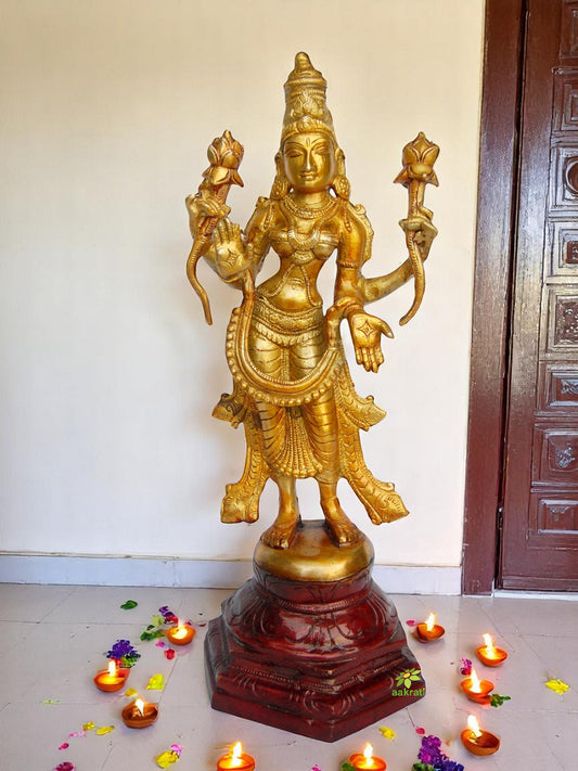 Brass Goddess Lakshmi Statue | Elegant Home Temple Decor for Wealth and Blessings | Antique Finish Brass Lakshmi Idol ( Yellow, 12 inch)