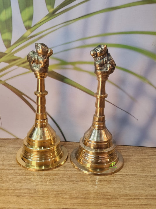 Aakrati Brass Metal Hand Bell Pair Pooja Accessory for Home Temple in Yellow Finish (Pack of Two)