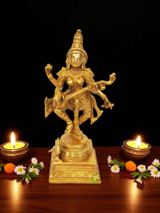 Handmade Brass Saraswati Statue | Elegant Idol for Spiritual Home Decor | Brass Saraswati Idol ( Yellow, 10 inch)