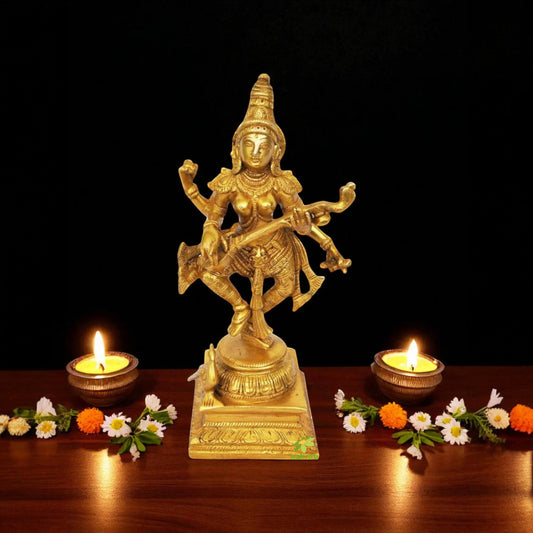 Handmade Brass Saraswati Statue | Elegant Idol for Spiritual Home Decor | Brass Saraswati Idol ( Yellow, 10 inch)