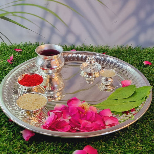 Aakrati Pooja Thali with Engraved Laxmi Ganesh for your Temple decoration