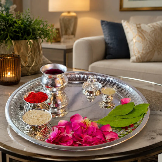 Aakrati Pooja Thali with Engraved Laxmi Ganesh for your Temple decoration