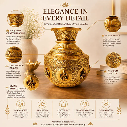 Premium Brass Asht Lakshmi Kalash| Spiritual Brass Pot for Home Temple| Pure Brass Kalash with Asht Lakshmi Engraving for Mandir,| (Yellow, 11 Inches)