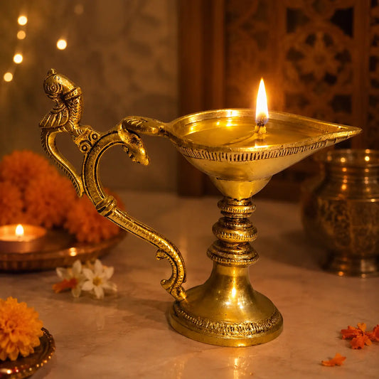 Aakrati Table Diya or Deepak with Handle Made of Brass for Temple and Decor - Religious Metal Handmade Craft Gift - Indian Hindu Temple Worship Jyoti