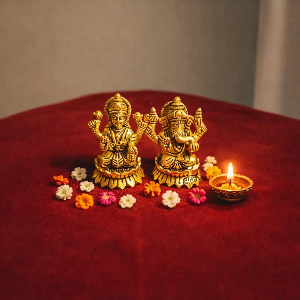 Aakrati Brass Laxmi Ganesh Set for Diwali Pujan| Home & Temple Décor| Decorative Items| Puja Essentials (Yellow,2.5 inch) Aakrati