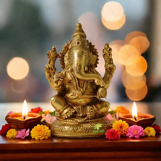 Brass Small Ganesha Statue | Elegant and Sacred Temple Decor | Handmade Brass Ganesha Idol ( Yellow, 5 inch)