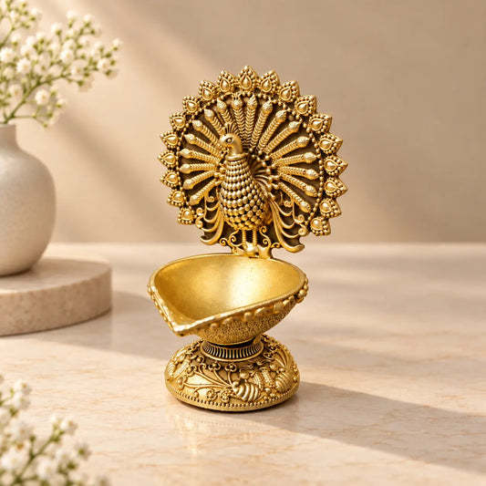 Brass Peacock Diya Oil Lamp for Pooja & Home Decor |Festival Gift Item|Premium Brass Peacock Diya for Puja  (Yellow, 3 Inches)