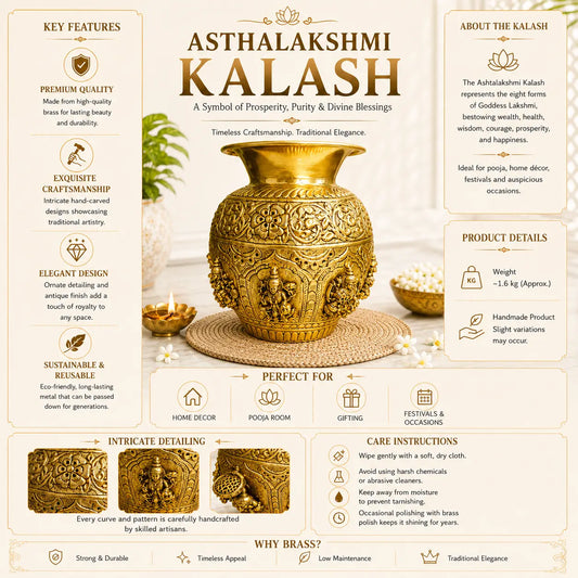 Brass Ashtalakshmi Kalash | 8 Lakshmi Devi Engraved Puja Kalash | Puja Kalash (Yellow, 7 Inch)