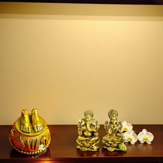 Handcrafted Brass Laxmi Ganesh Murti with Balaji Charan | Combo Puja Set for Home Temple, Diwali Gifts & Spiritual Décor | Gift Hamper