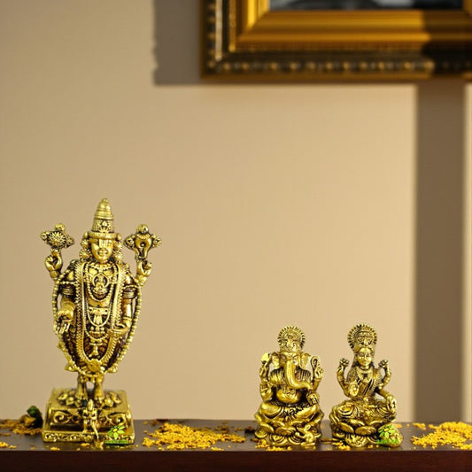Brass Idol Combo – Laxmi Ganesh with Lord Balaji | Puja Gift Set for Festivals, Housewarming, Mandir Decor, Return Gifts | Gift Hamper